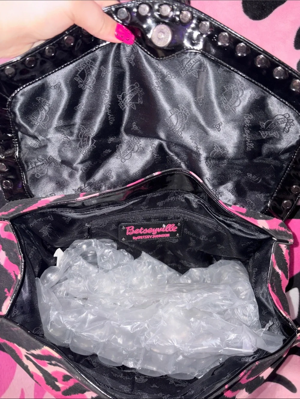 Pink and Black Zebra-Print Studded Shoulder Bag
